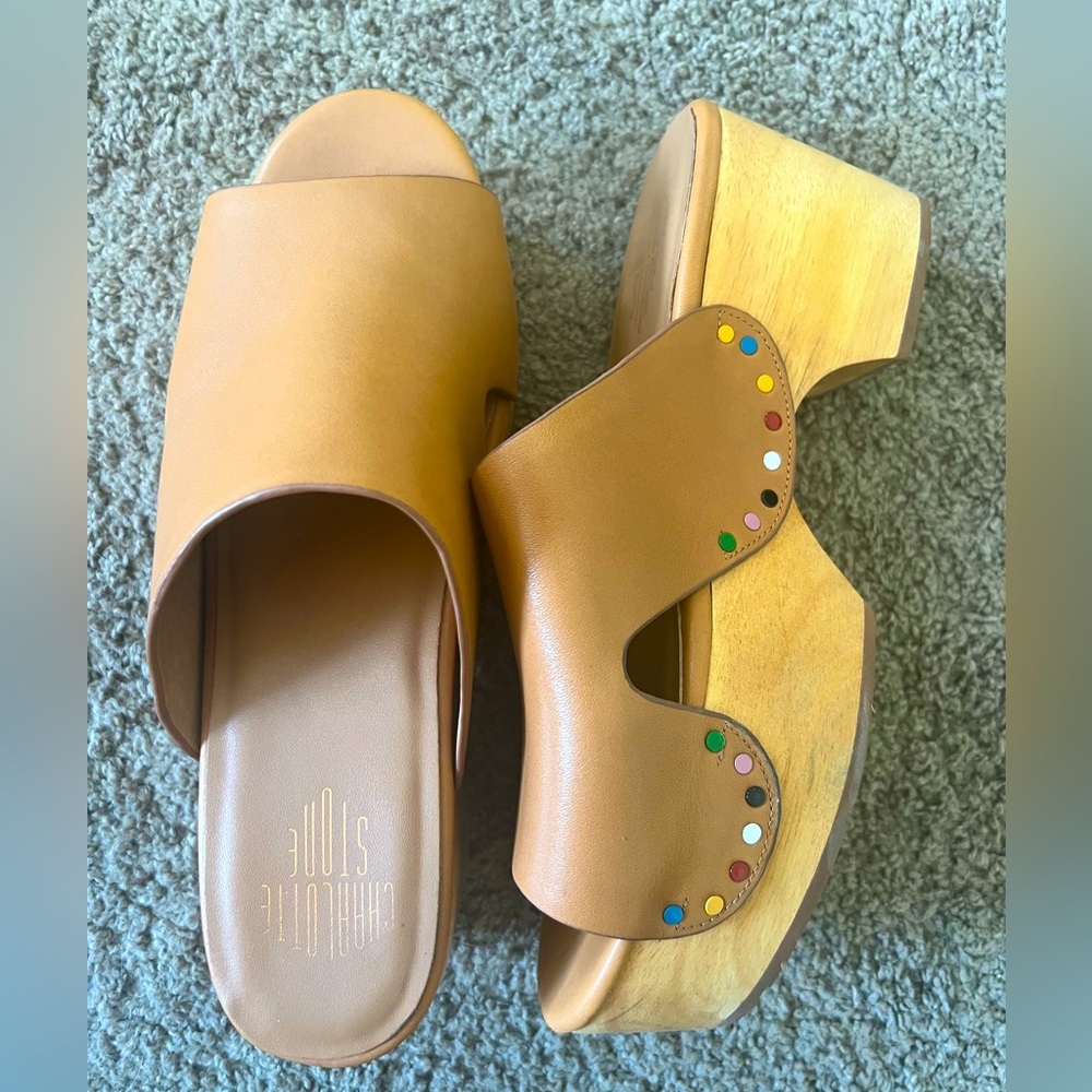 Charlotte Stone Tan Leather Platform Clogs